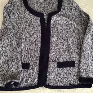 Navy blue marled cardigan.